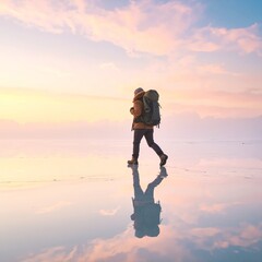 A solitary figure strolls along a sandy beach, wearing a casual outfit and carrying a colorful backpack, with gentle waves lapping at their feet.