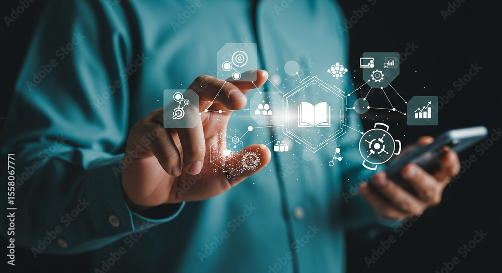Poster A person interacting with floating digital icons while holding a smartphone in their hand close up
