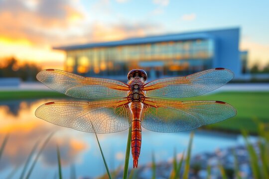 Close up of dragonfly perched on grass with modern building in background - Powered by Adobe