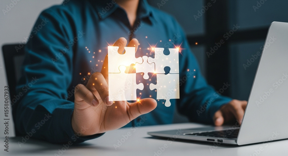Poster Man holding glowing puzzle pieces while working on laptop showing teamwork and problem solving concept