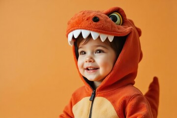 Child in an orange dinosaur costume smiles.