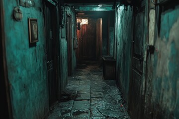Obraz premium Dark narrow corridor with teal green walls and dim light