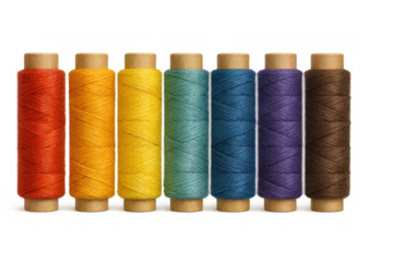 Colorful thread spools lined up in rainbow gradient, showcasing spectrum colors against transparent backdrop for crafting visual impact