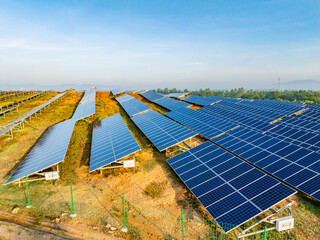 Photovoltaic panels on a hillside at sunrise