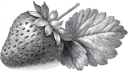Detailed grayscale drawing of a strawberry and leaf