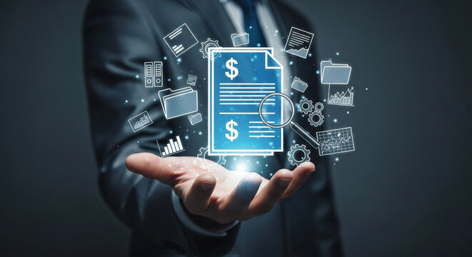 Businessman presenting financial document with dollar signs and data icons in his open hand