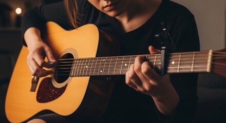 Obraz premium Focused musician playing acoustic guitar with capo in warm, intimate lighting