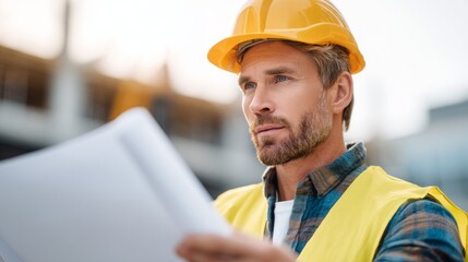 Construction engineer reviewing blueprint at site outdoor professional