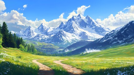 Obraz premium Majestic Mountain Meadow Scenic Pathway and Alpine Peaks 
