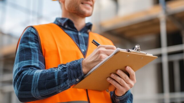 Construction supervisor conducting safety checklist review at site