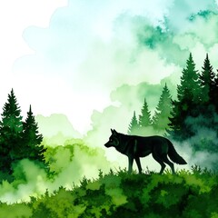 A majestic wolf stands alert in a serene forest, surrounded by tall trees with lush green foliage, sunlight filtering through the branches.