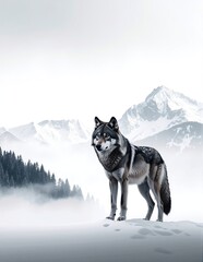 A majestic wolf stands alert in a snowy landscape, its thick fur glistening in the sunlight, with towering mountains rising majestically in the background.