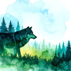 A majestic wolf stands alert in a serene forest, surrounded by tall, lush trees, with dappled sunlight filtering through the leaves above.