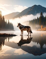 A majestic wolf stands alert at the edge of a serene lake, its fur glistening in the sunlight, surrounded by lush greenery and distant mountains.