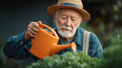 Elderly man watering plants in backyard garden relaxed atmosphere