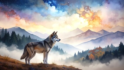 A majestic wolf stands proudly atop a grassy hill, its fur glistening in the sunlight, with a panoramic view of a lush forest stretching below.