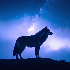A majestic wolf stands proudly atop a grassy hill, its fur glistening in the sunlight, surrounded by a breathtaking landscape of rolling hills and distant trees.