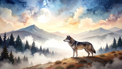 A majestic wolf stands proudly atop a grassy hill, its fur glistening in the sunlight, with a panoramic view of a lush forest stretching below.