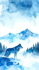 A majestic wolf stands proudly atop a rugged mountain peak, its fur glistening in the sunlight, overlooking a breathtaking valley below.