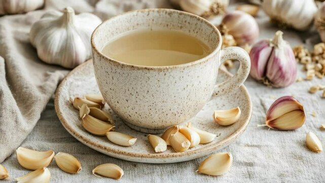 A rustic cup of garlic tea surrounded by fresh garlic cloves.