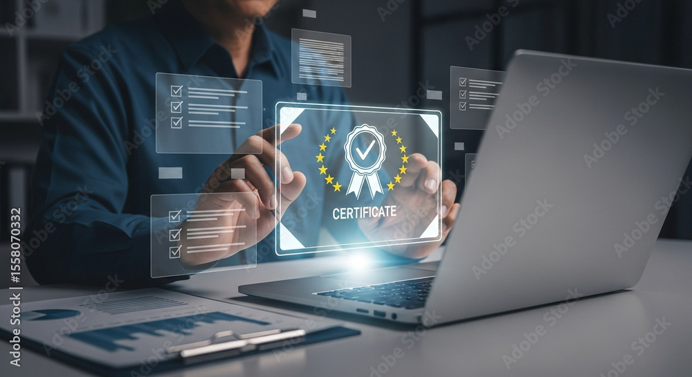 Poster person interacting with a digital certificate interface on a laptop screen at a desk space
