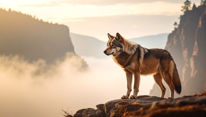 A majestic wolf stands proudly atop a rugged mountain peak, its fur glistening in the sunlight, overlooking a breathtaking valley below.