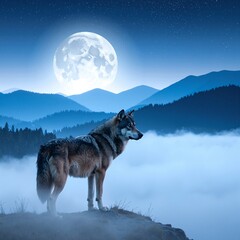 A majestic wolf stands proudly atop a rugged mountain peak, its fur glistening in the sunlight, with a breathtaking panoramic view of valleys below.