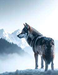 A majestic wolf stands proudly atop a rugged mountain peak, its fur glistening in the sunlight, overlooking a breathtaking valley below.