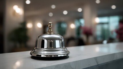 Classic silver service bell on marble hotel reception desk in a modern luxury lobby with bokeh lights and elegant decor. Hospitality, concierge, and customer service concept.