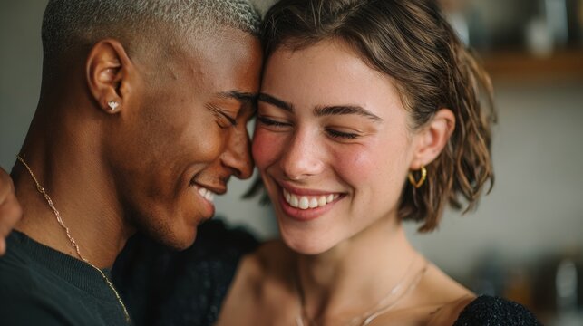 Joyful mixed-race lgbt couple dancing in kitchen home lifestyle - Powered by Adobe