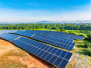 Photovoltaic panels on a hillside at sunrise