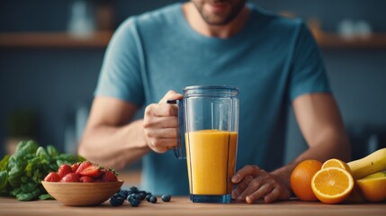 Lifestyle vlogger making fresh smoothies at home kitchen