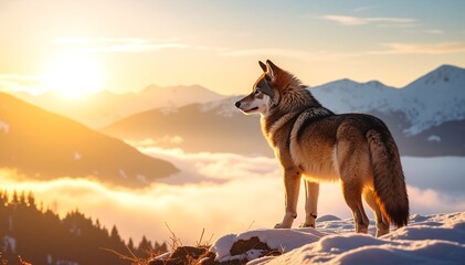 A majestic wolf stands proudly atop a snow-covered mountain peak, its thick fur glistening in the sunlight, surrounded by a breathtaking winter landscape.