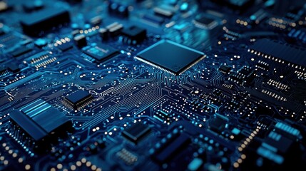 A complex electronic circuit board with blue and black components and intricate wiring.