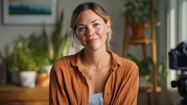 Motivational speaker livestreaming with plants at home studio