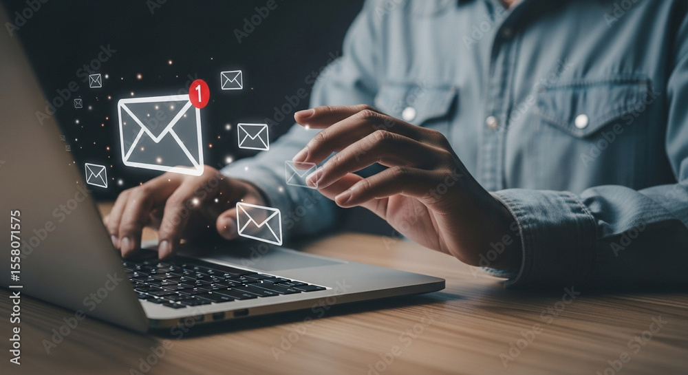 Poster person typing on a laptop with email icons floating above the keyboard and a wooden surface