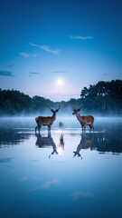 A pair of graceful deer wade through a serene lake, their reflections shimmering on the water's surface as they gently sip from the cool, clear depths.