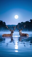 A pair of graceful deer wade through a serene, shimmering lake, their reflections dancing on the water's surface under a clear blue sky.