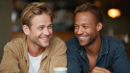 Fototapeta premium Two men laughing at table in urban lifestyle photography