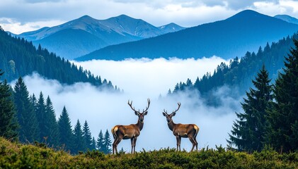 Two graceful deer stand amidst a lush green forest, surrounded by towering trees and dappled sunlight filtering through the leaves.