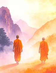Two serene monks in traditional robes stroll along a winding mountain path, surrounded by lush greenery and towering peaks under a clear blue sky.