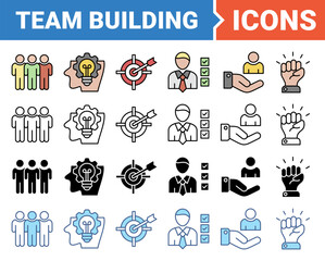 Team building icon set with multiple style collection.