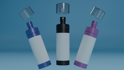 3D render of three colorful spray bottles with transparent caps on a blue background. Perfect for branding, cosmetics, or product mockup design.