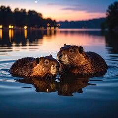 Two playful otters float side by side in a serene, shimmering lake, their sleek fur glistening in the sunlight as they splash and frolic joyfully.
