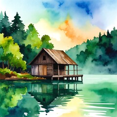 A serene watercolor painting depicting a cozy cabin nestled by a tranquil lake, surrounded by lush trees and soft reflections on the water's surface.