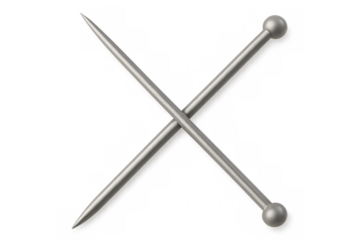 Two silver pins with rounded heads crossing each other, creating an x shape against a transparent background