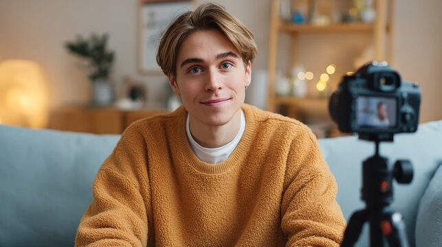 Young creator discussing daily vlog at home cozy environment insightful view