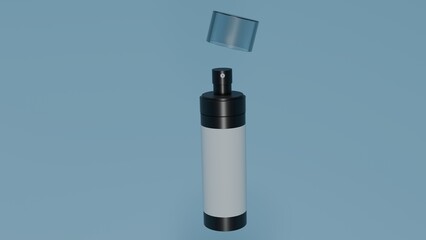 3D render of a cosmetic spray bottle with a transparent cap, set against a soft blue background. Ideal for branding, packaging, or product mockups