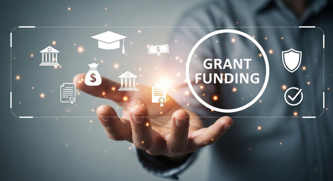 Person holding grant funding interface with icons representing education and financial support