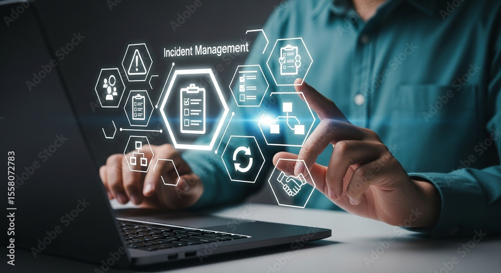 Poster Person using laptop with incident management icons displayed in a digital interface overlayed on screen